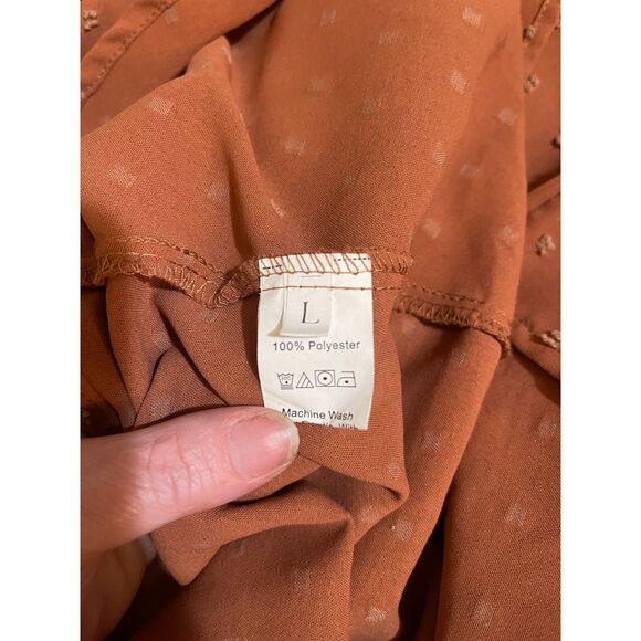 Burnt Orange Swiss Dot Shirred A-line Dress, size L - Picture 8 of 9